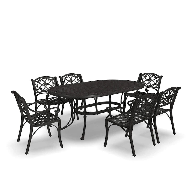 Ensemble de salle à manger d'extérieur 7 pièces en aluminium bronze Sanibel avec table à manger ovale de 72 et six fauteuils par Homestyles
