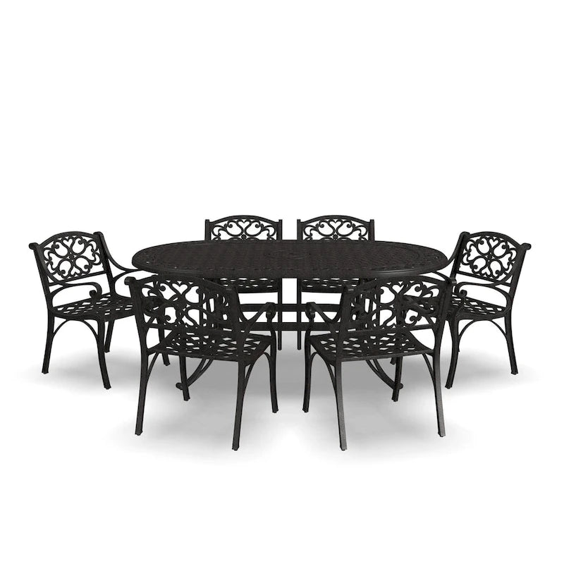 Ensemble de salle à manger d'extérieur 7 pièces en aluminium bronze Sanibel avec table à manger ovale de 72 et six fauteuils par Homestyles