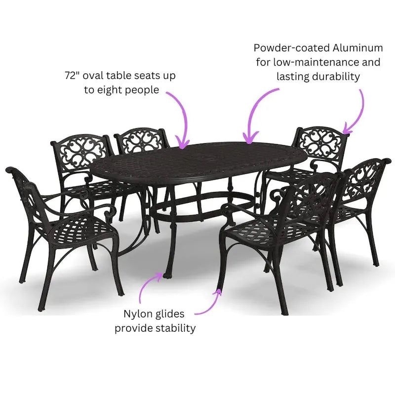 Ensemble de salle à manger d'extérieur 7 pièces en aluminium bronze Sanibel avec table à manger ovale de 72 et six fauteuils par Homestyles