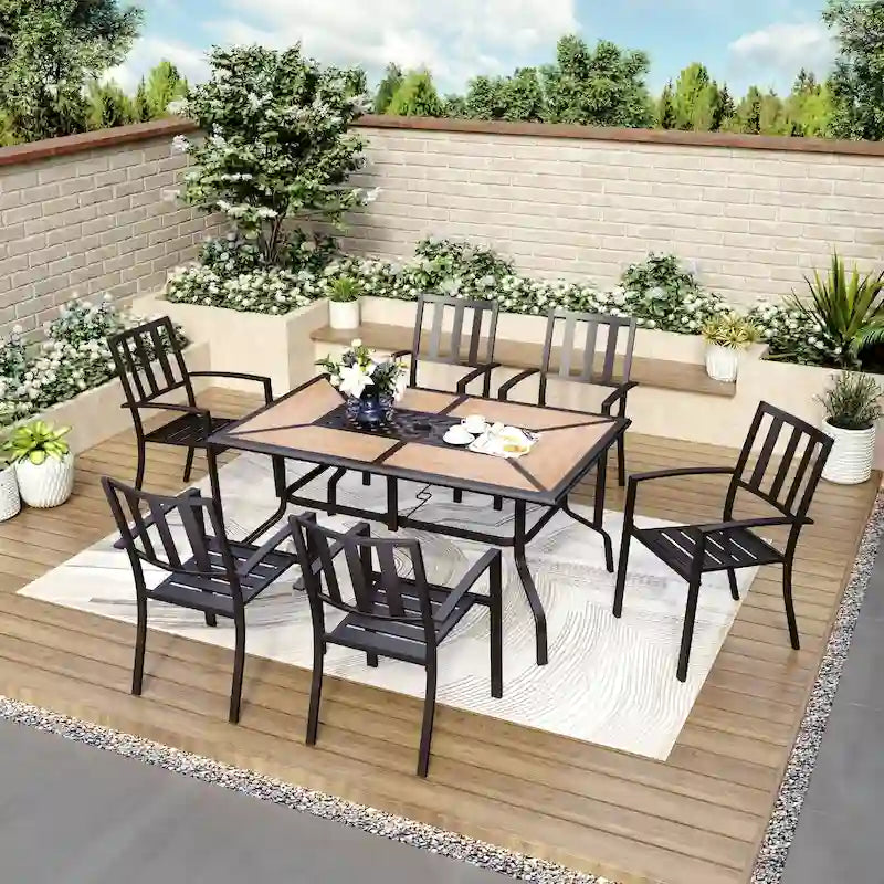 Ensemble de salle à manger de patio 7 pièces MAISON ARTS avec 6 chaises de jardin empilables en acier