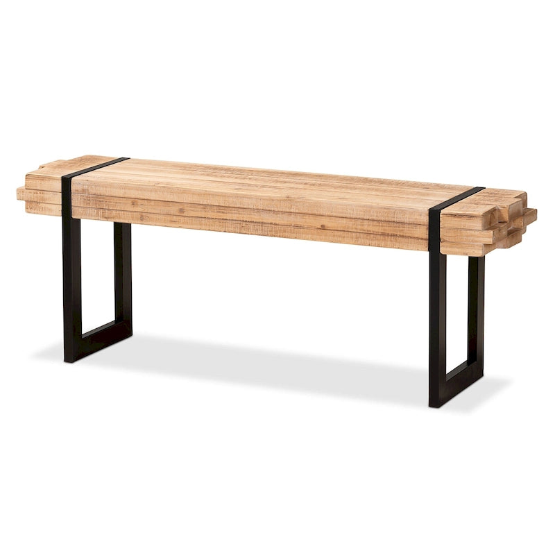 Banc d'entrée rustique industriel en MDF marron et noir avec effet bois empilé et pieds en métal, 1 place