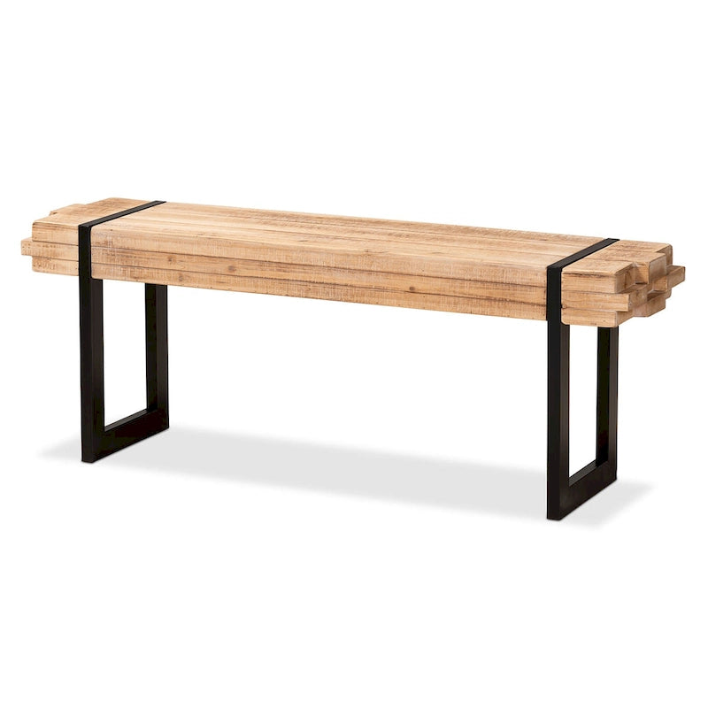 Banc d'entrée rustique industriel en MDF marron et noir avec effet bois empilé et pieds en métal, 1 place