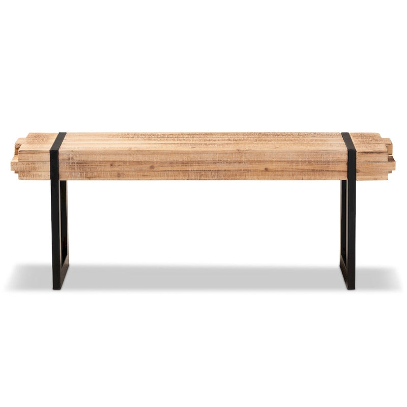 Banc d'entrée rustique industriel en MDF marron et noir avec effet bois empilé et pieds en métal, 1 place