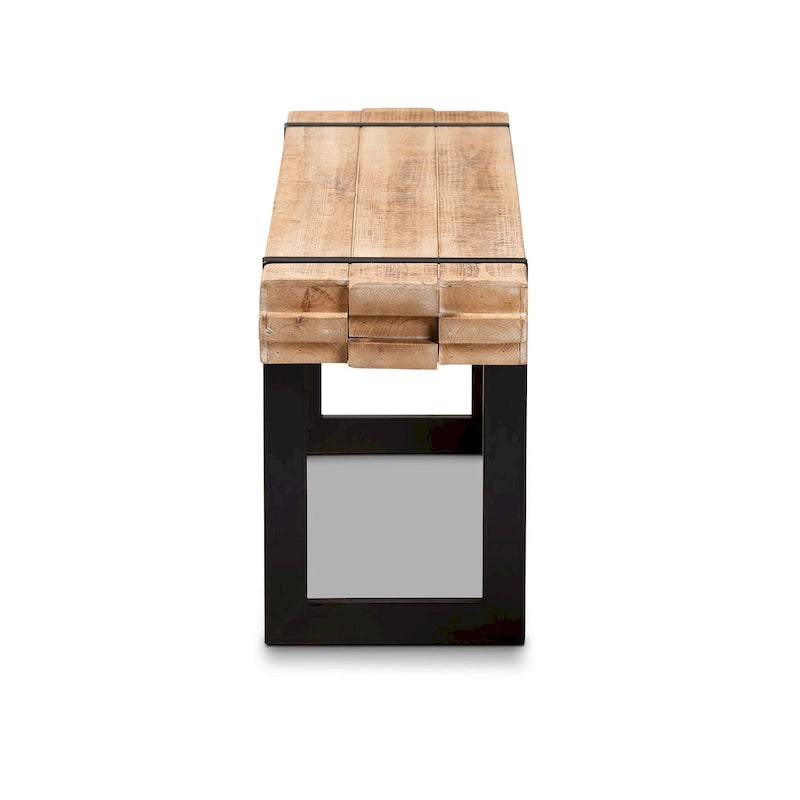 Banc d'entrée rustique industriel en MDF marron et noir avec effet bois empilé et pieds en métal, 1 place