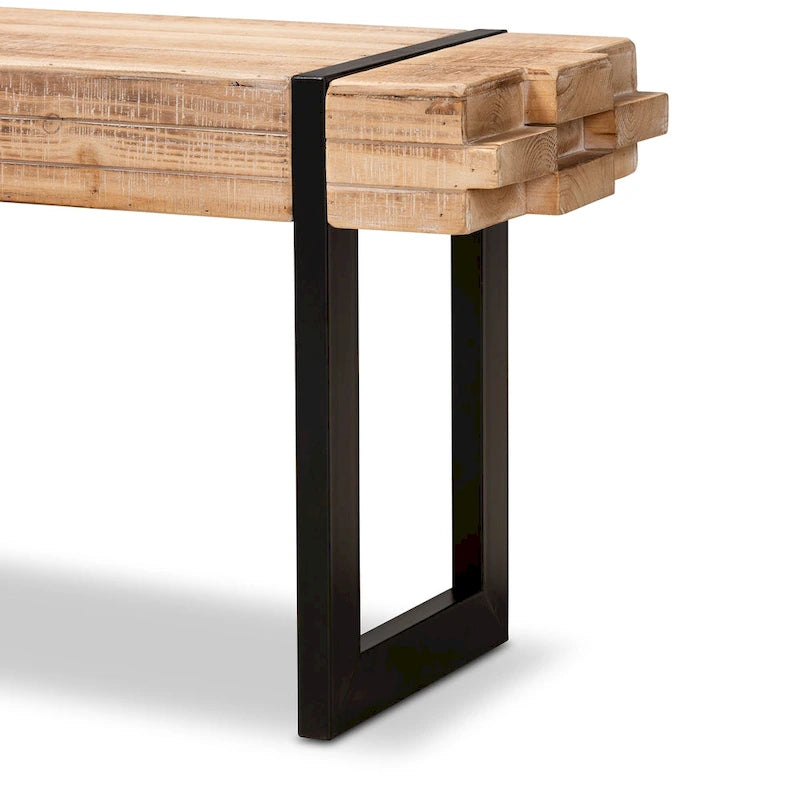 Banc d'entrée rustique industriel en MDF marron et noir avec effet bois empilé et pieds en métal, 1 place