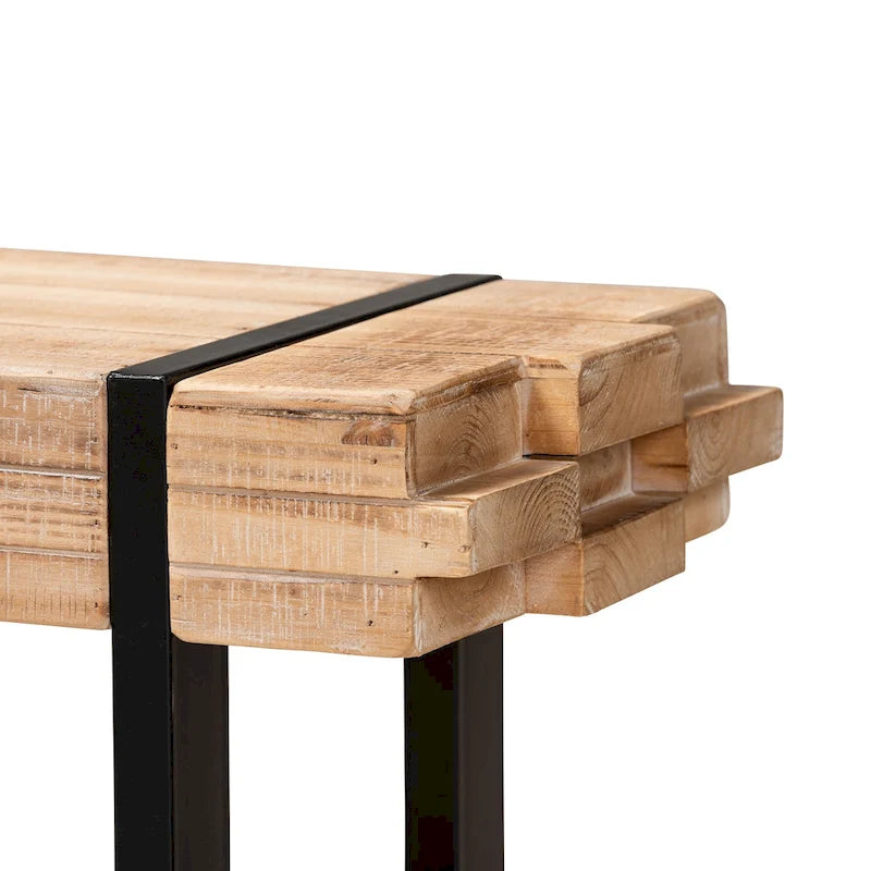 Banc d'entrée rustique industriel en MDF marron et noir avec effet bois empilé et pieds en métal, 1 place