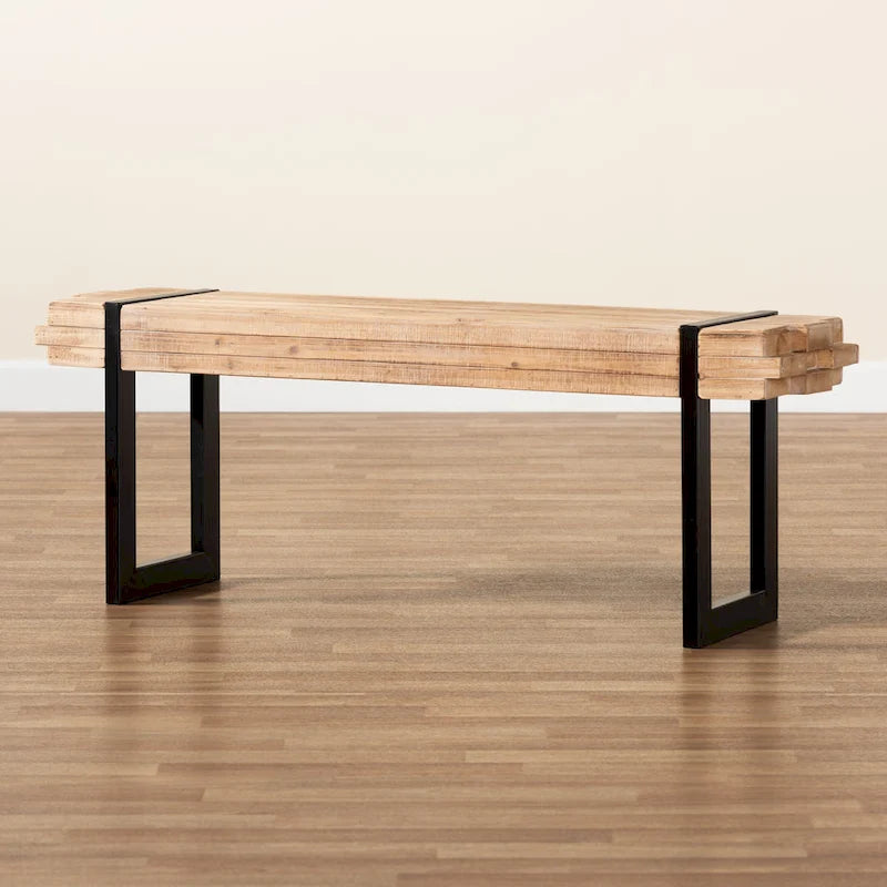 Banc d'entrée rustique industriel en MDF marron et noir avec effet bois empilé et pieds en métal, 1 place