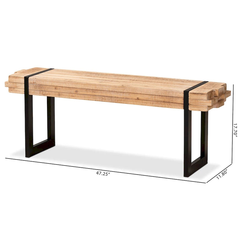 Banc d'entrée rustique industriel en MDF marron et noir avec effet bois empilé et pieds en métal, 1 place