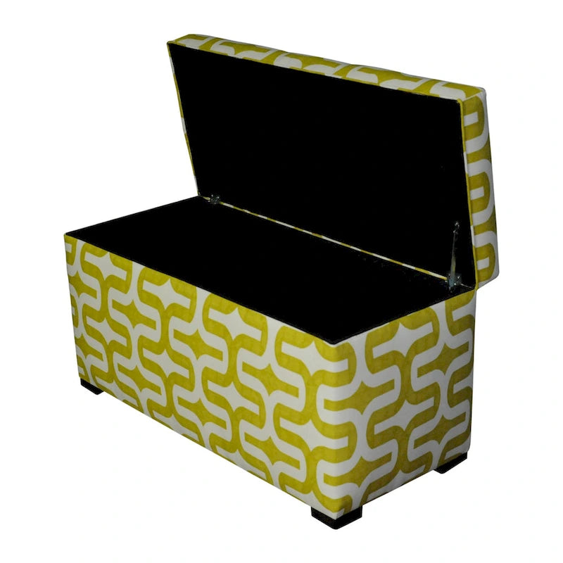 Malle de rangement en tissu vert rembourré avec cadre en bois