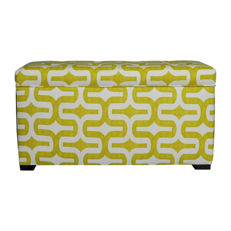 Malle de rangement en tissu vert rembourré avec cadre en bois