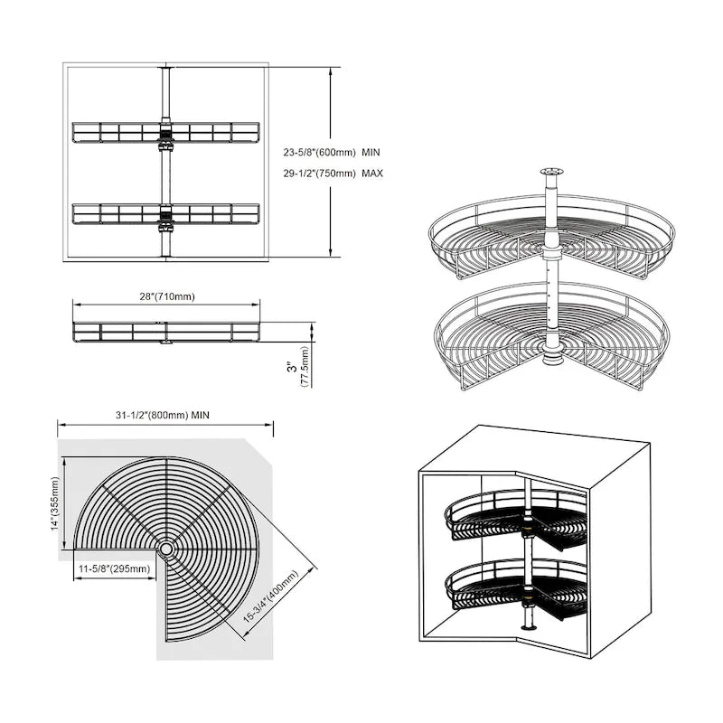 Organisateur de placard à deux plateaux Lazy Susan en acier inoxydable gris de 71 cm