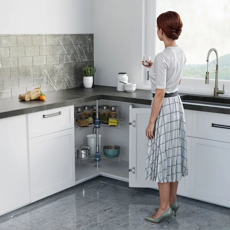 Organisateur de placard à deux plateaux Lazy Susan en acier inoxydable gris de 71 cm