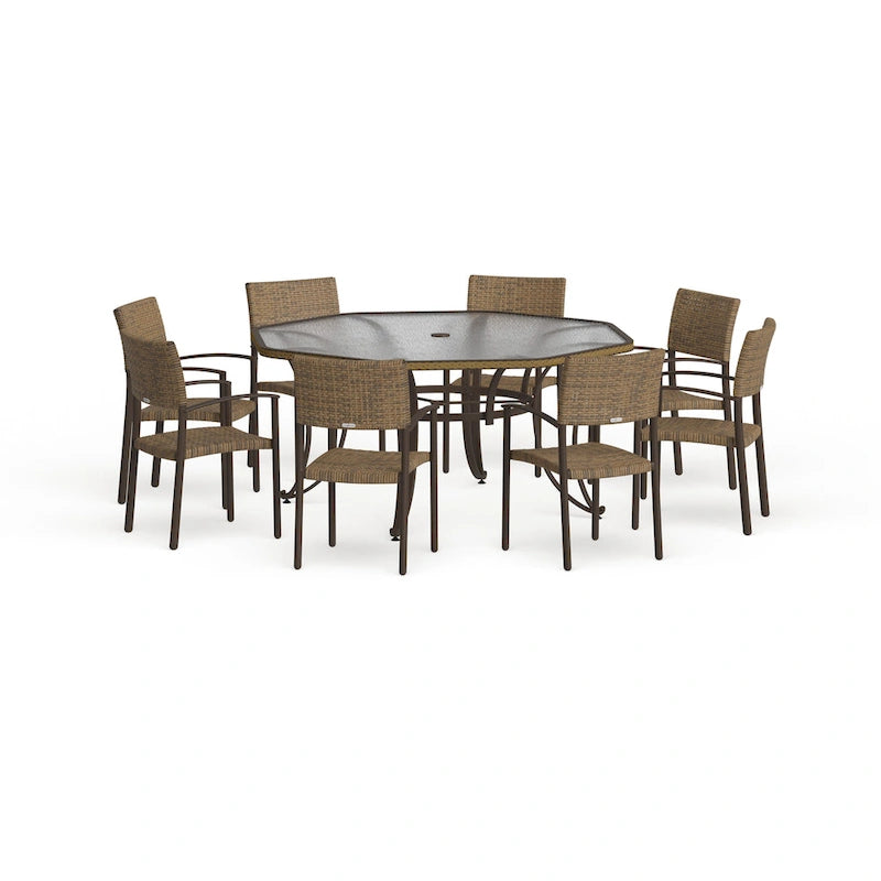 Ensemble de repas d'extérieur Maracay Tree Bark avec chaises empilables (9 pièces)