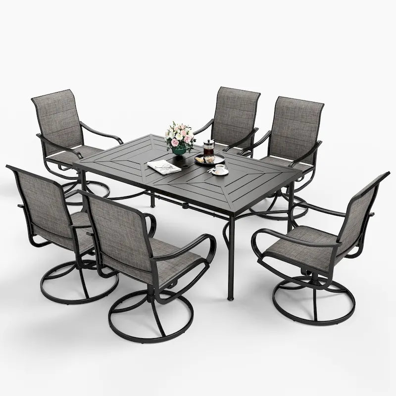 Ensemble de salle à manger d'extérieur 7 pièces MAISON ARTS avec 6 chaises pivotantes en textilène et une table de salle à manger en métal