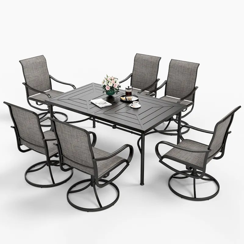 Ensemble de salle à manger d'extérieur 7 pièces MAISON ARTS avec 6 chaises pivotantes en textilène et une table de salle à manger en métal