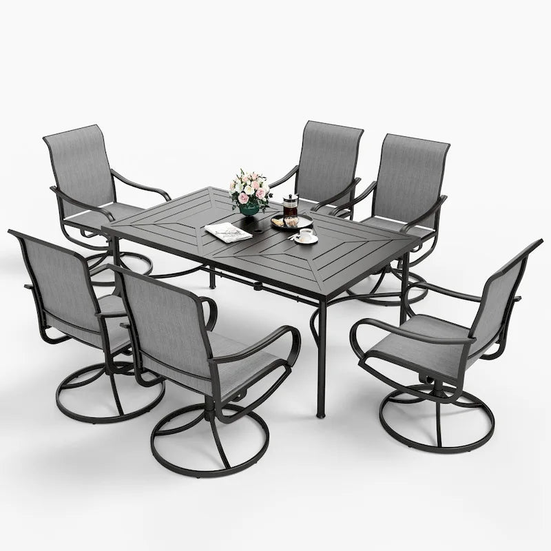 Ensemble de salle à manger d'extérieur 7 pièces MAISON ARTS avec 6 chaises pivotantes en textilène et une table de salle à manger en métal