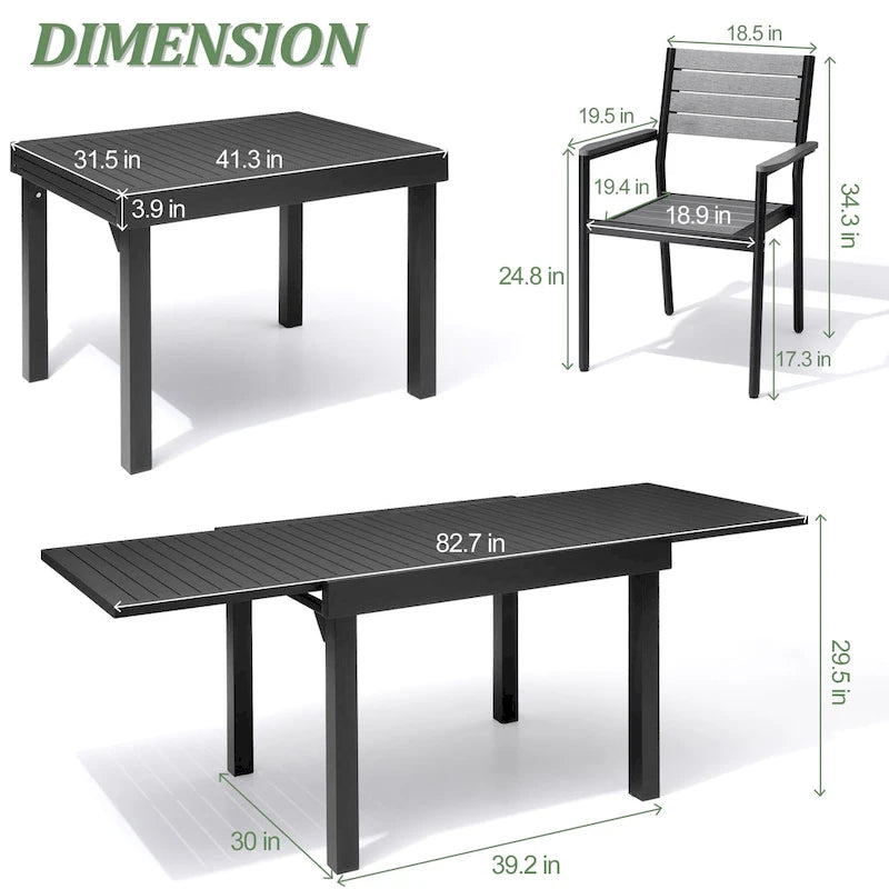 Ensemble de salle à manger d'extérieur 5/7/9 pièces, 4/6/8 chaises de salle à manger, 1 table extensible rectangulaire en aluminium