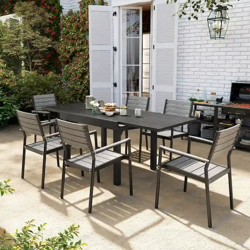 Ensemble de salle à manger d'extérieur 5/7/9 pièces, 4/6/8 chaises de salle à manger, 1 table extensible rectangulaire en aluminium