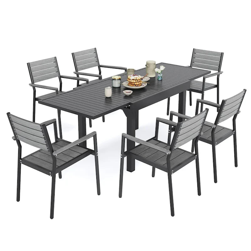 Ensemble de salle à manger d'extérieur 5/7/9 pièces, 4/6/8 chaises de salle à manger, 1 table extensible rectangulaire en aluminium