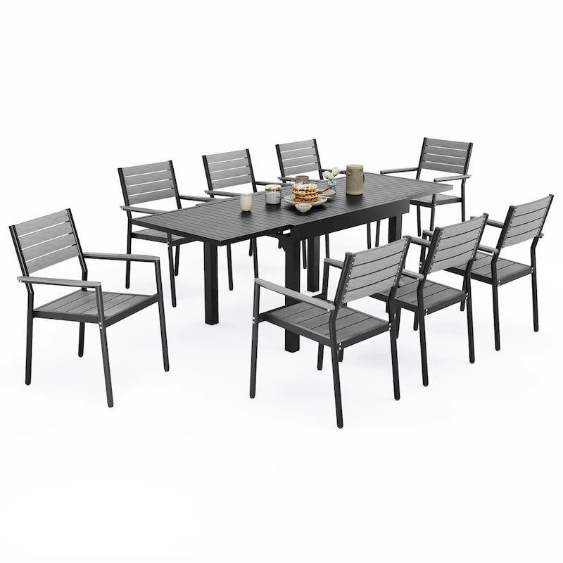 Ensemble de salle à manger d'extérieur 5/7/9 pièces, 4/6/8 chaises de salle à manger, 1 table extensible rectangulaire en aluminium