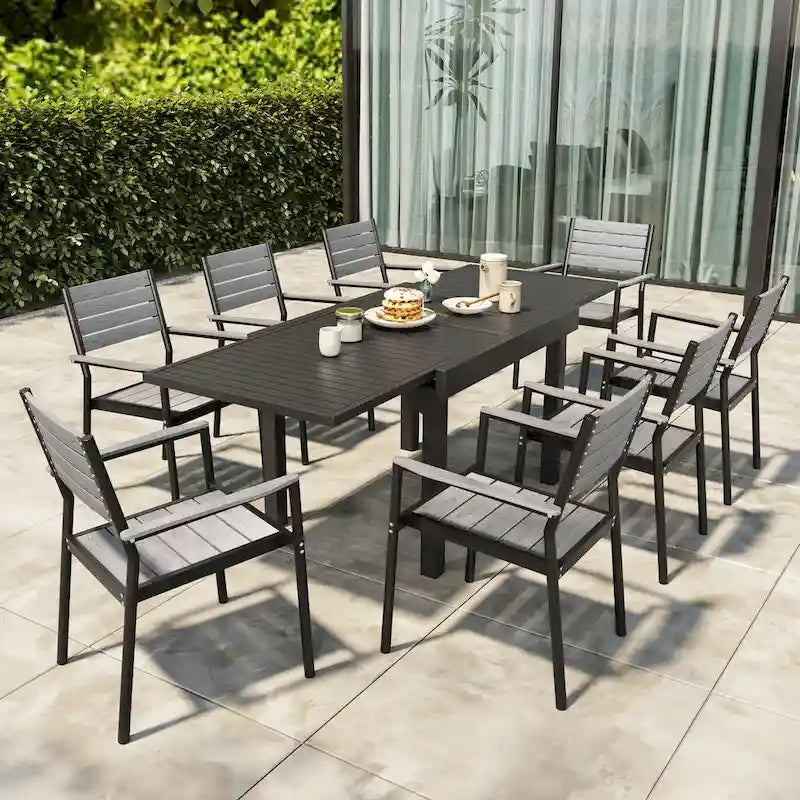 Ensemble de salle à manger d'extérieur 5/7/9 pièces, 4/6/8 chaises de salle à manger, 1 table extensible rectangulaire en aluminium