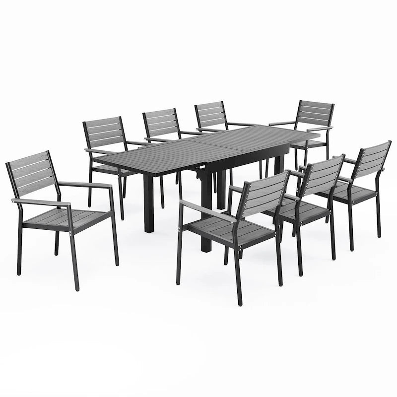 Ensemble de salle à manger d'extérieur 5/7/9 pièces, 4/6/8 chaises de salle à manger, 1 table extensible rectangulaire en aluminium