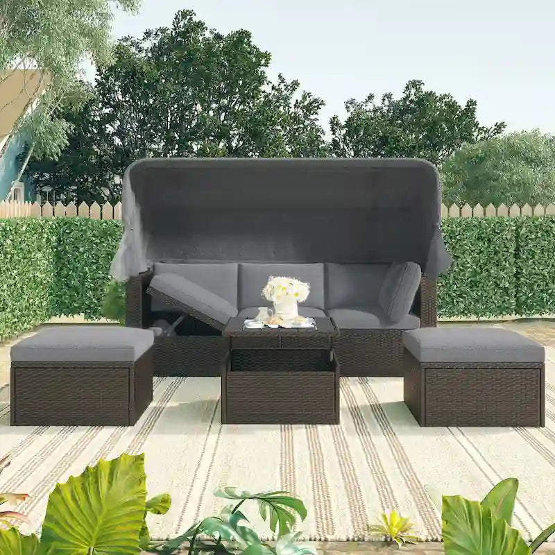 HOMEFUN Lit de Repos Extérieur Rectangulaire en Rotin Osier avec Auvent Rétractable