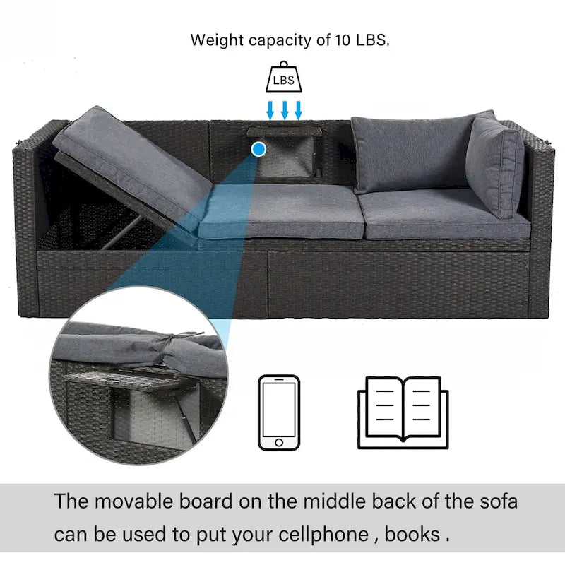 HOMEFUN Lit de Repos Extérieur Rectangulaire en Rotin Osier avec Auvent Rétractable