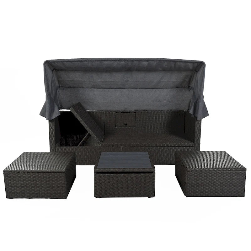 HOMEFUN Lit de Repos Extérieur Rectangulaire en Rotin Osier avec Auvent Rétractable