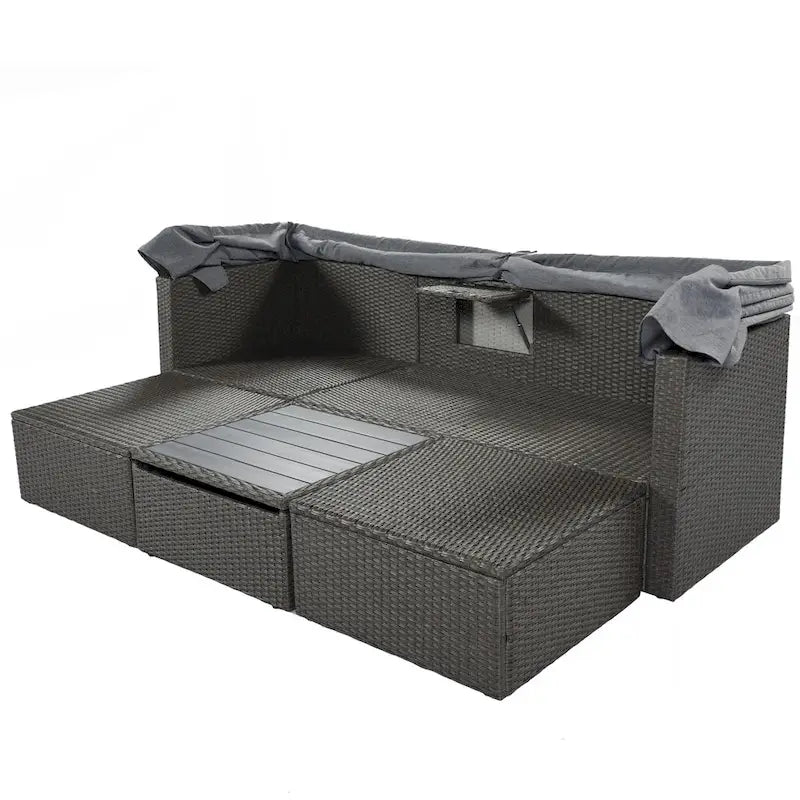 HOMEFUN Lit de Repos Extérieur Rectangulaire en Rotin Osier avec Auvent Rétractable