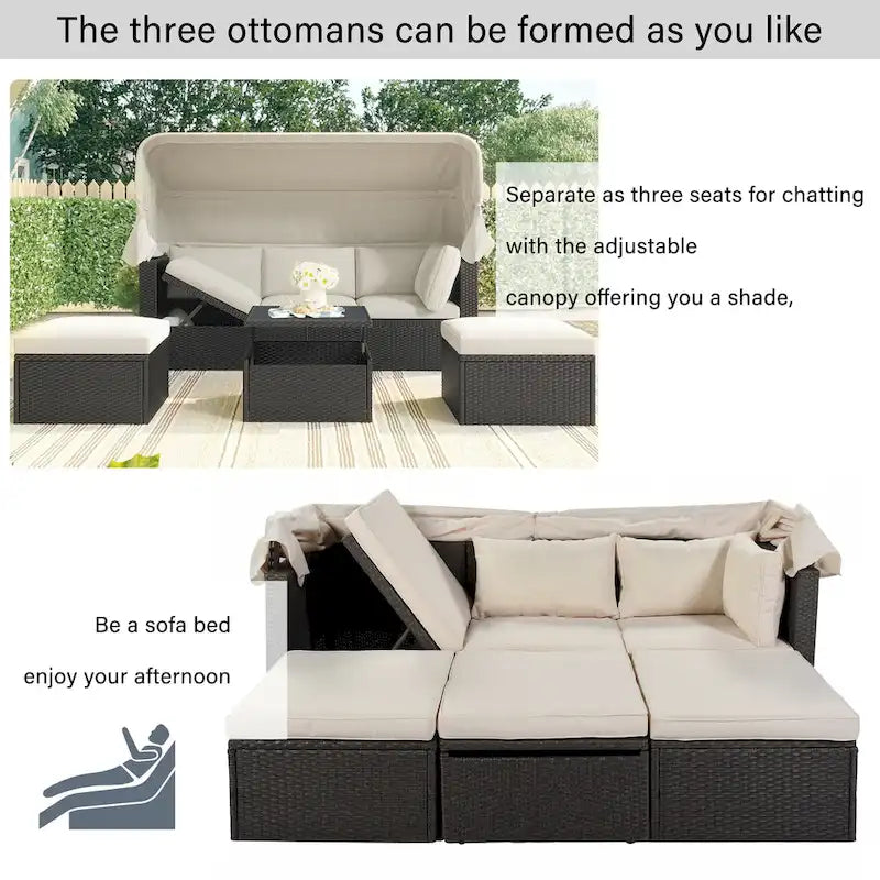 HOMEFUN Lit de Repos Extérieur Rectangulaire en Rotin Osier avec Auvent Rétractable