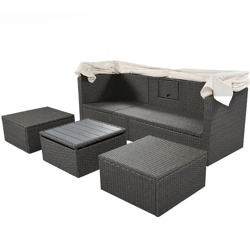 HOMEFUN Lit de Repos Extérieur Rectangulaire en Rotin Osier avec Auvent Rétractable