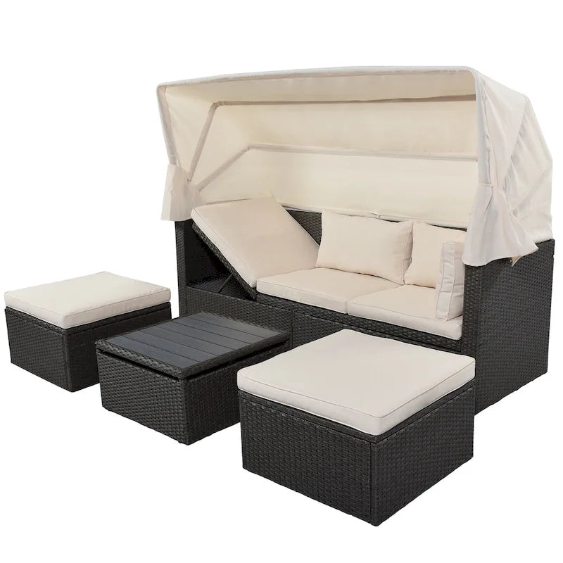 HOMEFUN Lit de Repos Extérieur Rectangulaire en Rotin Osier avec Auvent Rétractable