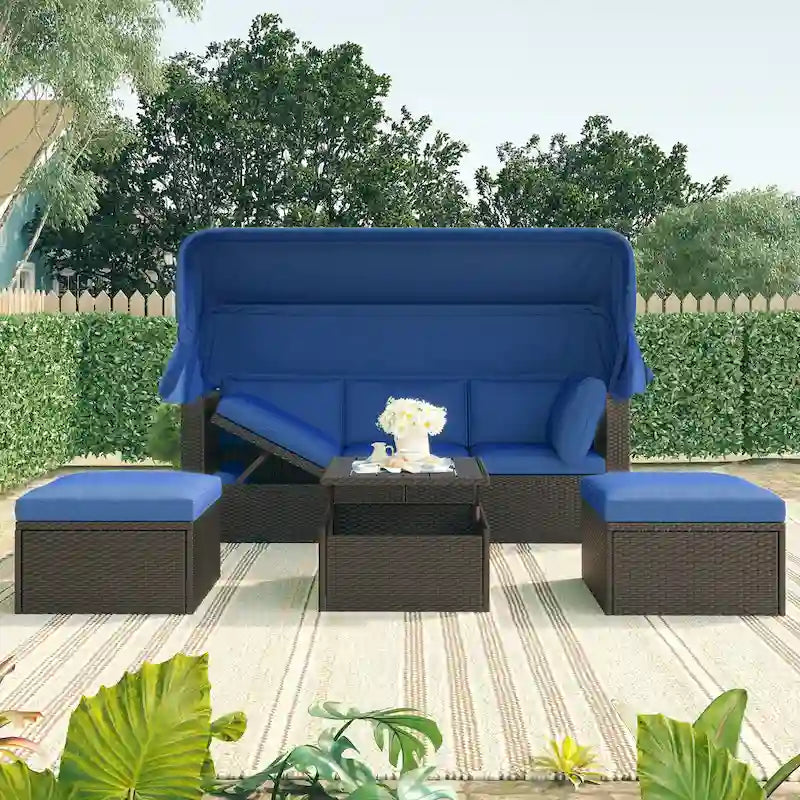 HOMEFUN Lit de Repos Extérieur Rectangulaire en Rotin Osier avec Auvent Rétractable