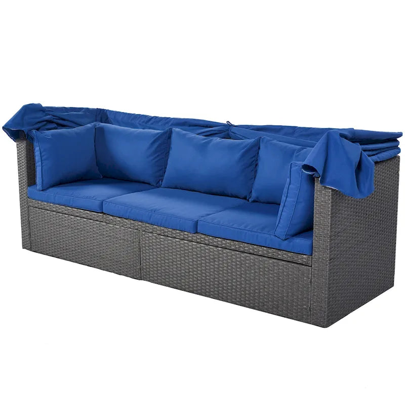 HOMEFUN Lit de Repos Extérieur Rectangulaire en Rotin Osier avec Auvent Rétractable