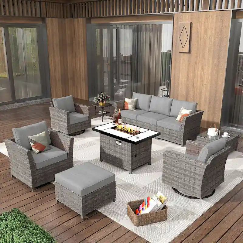 HOOOWOOO Salon de jardin d'extérieur en osier 10 pièces avec foyer