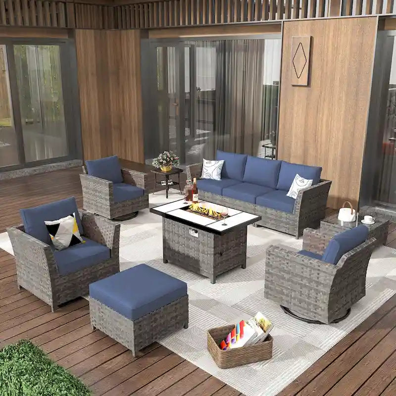 HOOOWOOO Salon de jardin d'extérieur en osier 10 pièces avec foyer
