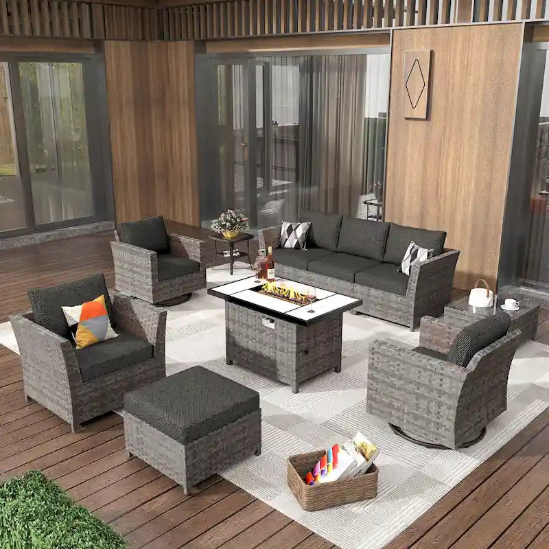 HOOOWOOO Salon de jardin d'extérieur en osier 10 pièces avec foyer