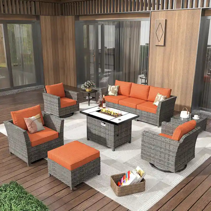 HOOOWOOO Salon de jardin d'extérieur en osier 10 pièces avec foyer