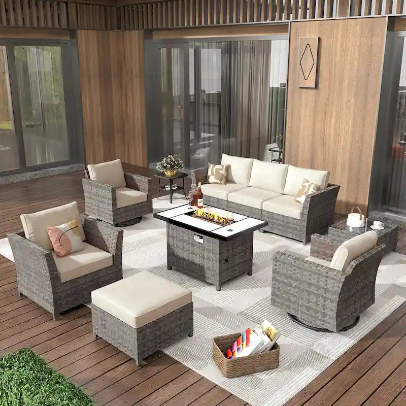 HOOOWOOO Salon de jardin d'extérieur en osier 10 pièces avec foyer