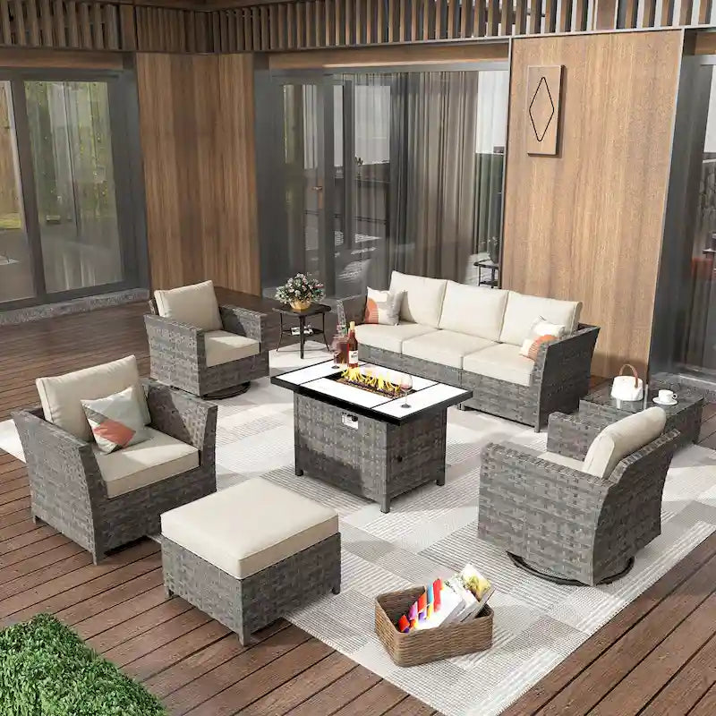 HOOOWOOO Salon de jardin d'extérieur en osier 10 pièces avec foyer