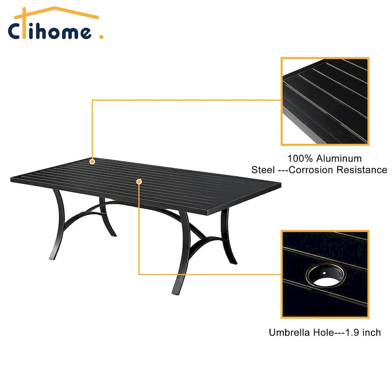 Table à manger Clihome 82/60 po. L en acier et aluminium avec trou pour parasol