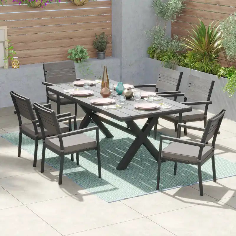 Ensemble de salle à manger d'extérieur Corvus Orville 7 pièces en aluminium avec plateau de table en WPC