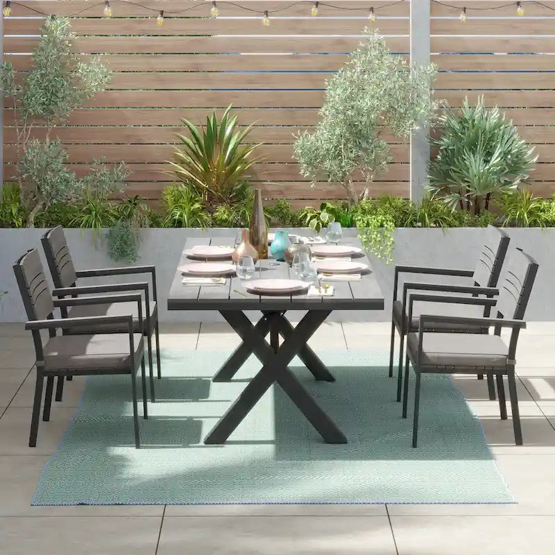 Ensemble de salle à manger d'extérieur Corvus Orville 7 pièces en aluminium avec plateau de table en WPC