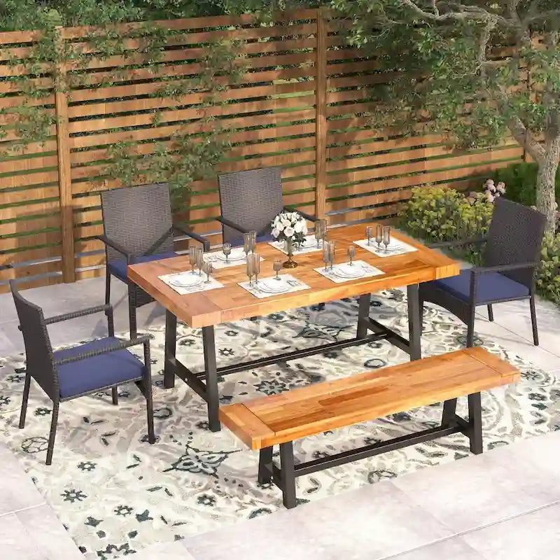 MAISON ARTS Ensemble de salle à manger de patio 6 pièces en bois d'acacia et rotin avec coussins