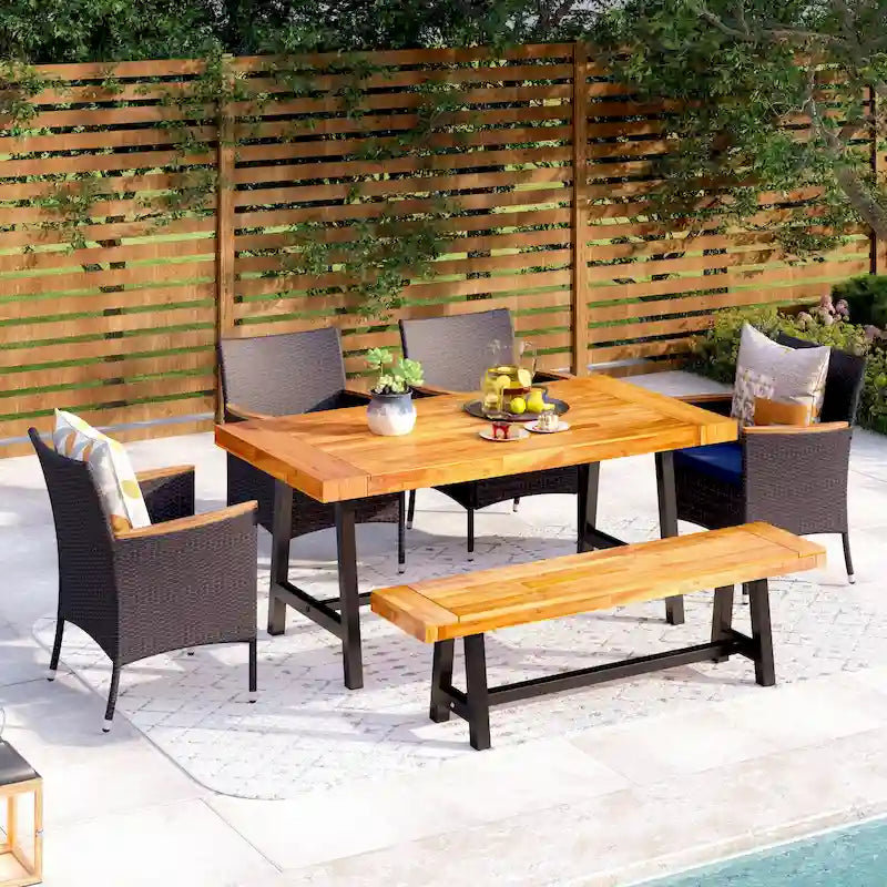 MAISON ARTS Ensemble de salle à manger de patio 6 pièces en bois d'acacia et rotin avec coussins