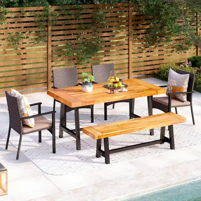 MAISON ARTS Ensemble de salle à manger de patio 6 pièces en bois d'acacia et rotin avec coussins