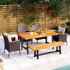 MAISON ARTS Ensemble de salle à manger de patio 6 pièces en bois d'acacia et rotin avec coussins