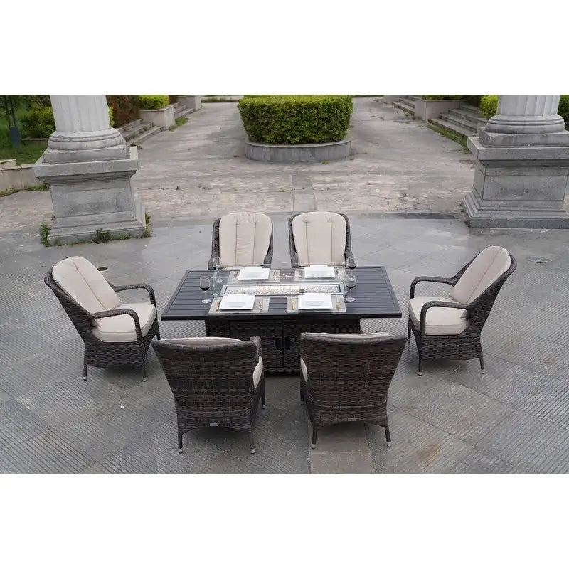 Ensembles de salle à manger de patio 7 pièces avec table foyer en aluminium