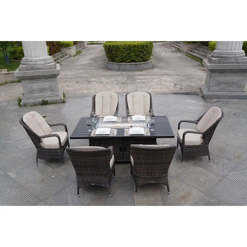 Ensembles de salle à manger de patio 7 pièces avec table foyer en aluminium